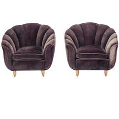 Set of Two Italian Mid-Century Purple Velvet Armchairs, 1950s