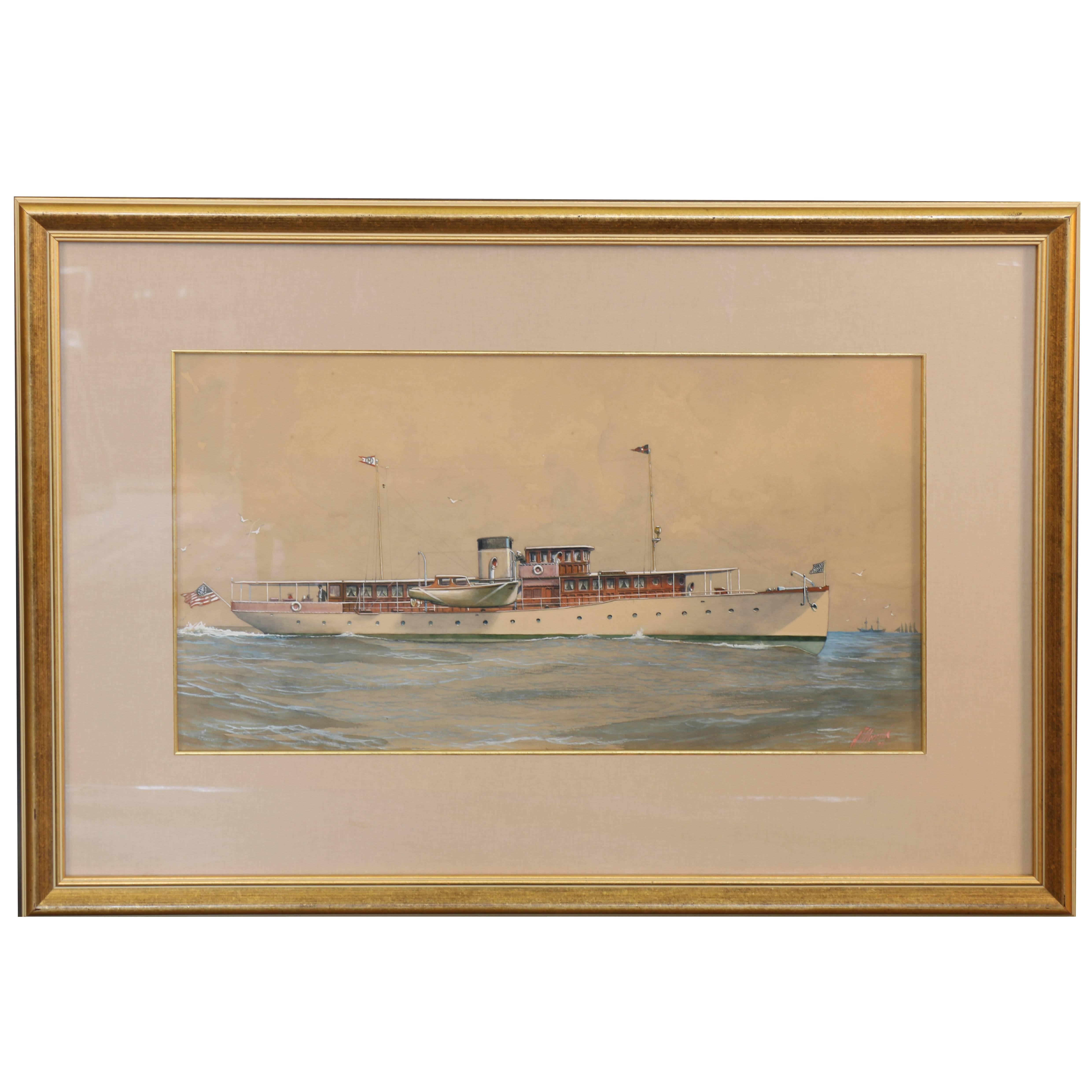 Gouache of a Private New York Yacht Club Yacht by A. T. Merrick For Sale
