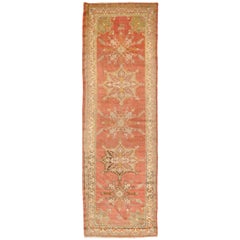 Semi Antique Handmade Coral Color Wool Turkish Oushak Runner Rug