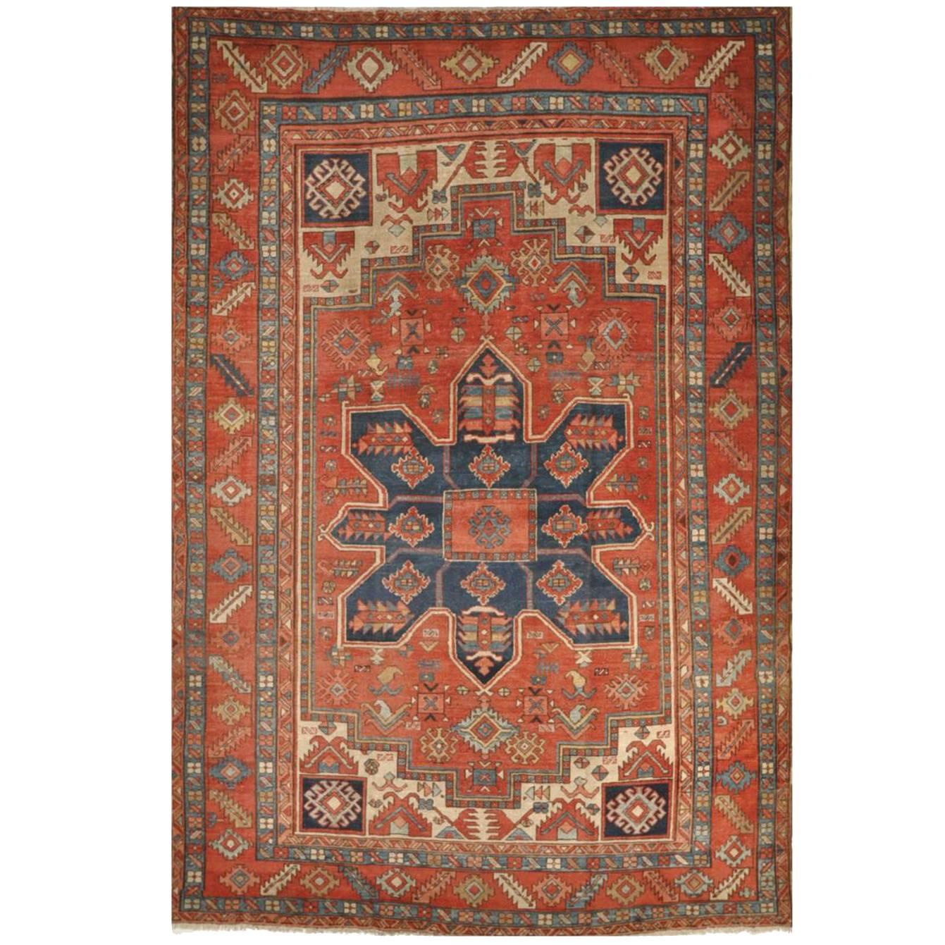 Room Size Antique Hand Knotted Wool Red Persian Serapi Rug For Sale