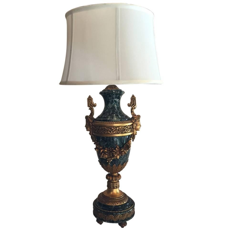 Antique Gilt Bronze Ormolu on Green Marble Urn Converted to Lamp For Sale