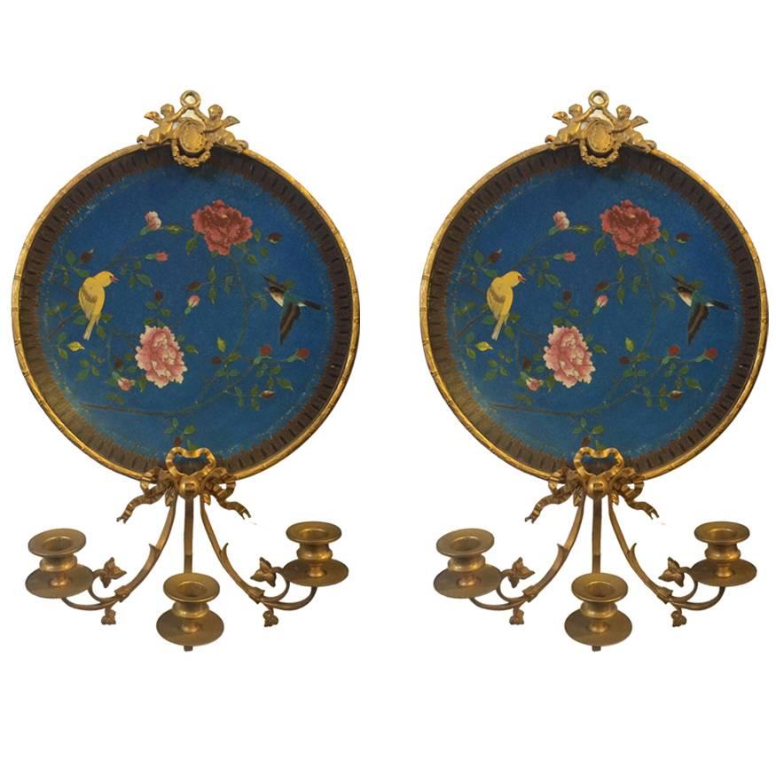 Pair of Antique French Wall Sconces with Gilt Bronze and Cloisonné