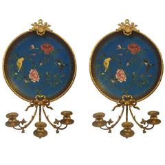 Pair of Antique French Wall Sconces with Gilt Bronze and Cloisonné
