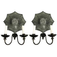 Etched Sun Motif Octagonal Mirrored Sconces, Pair
