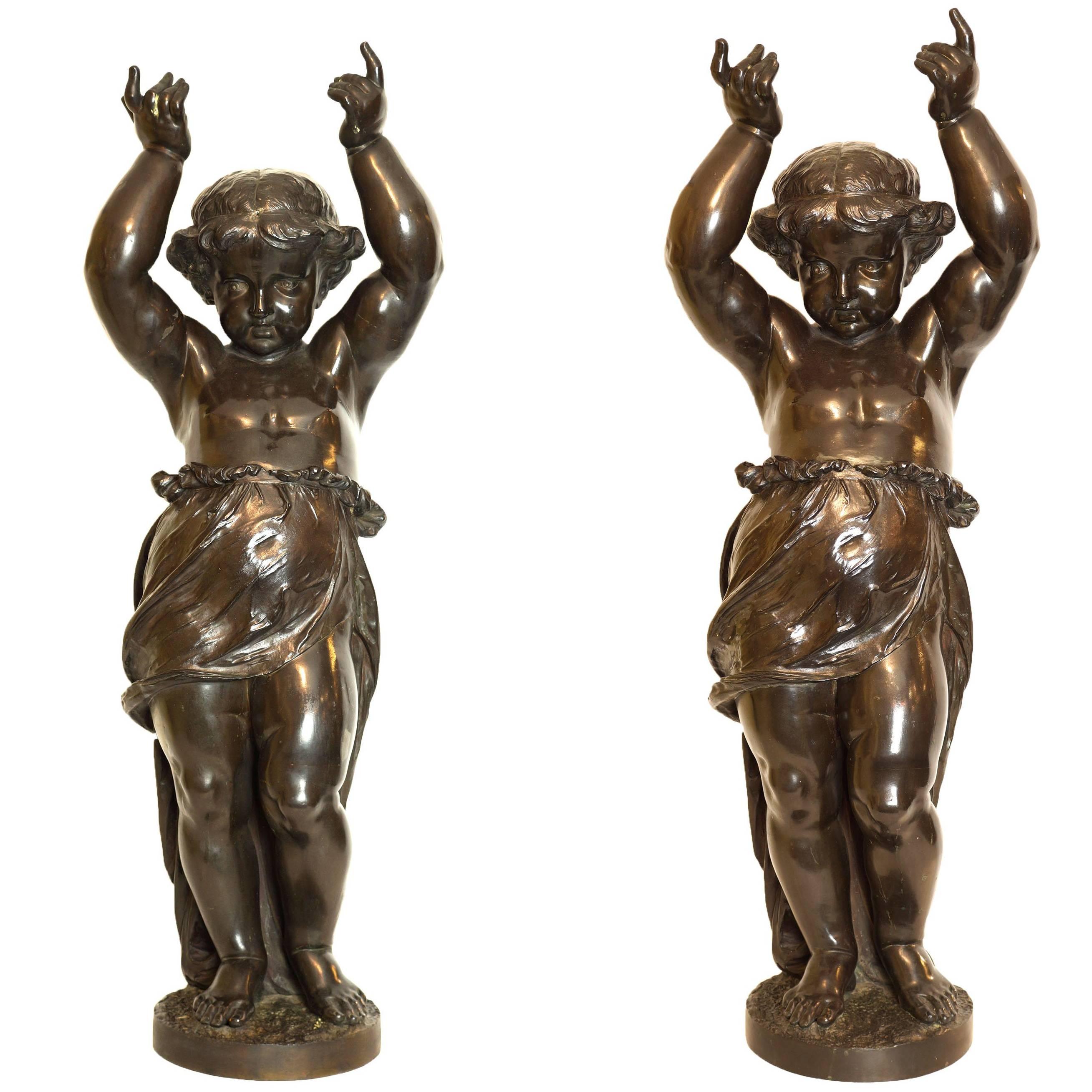 Pair of Very Large French, 19th Century Bronze Cherub Statues Signed A. Moreau