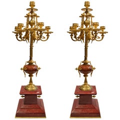 Antique French Gilt Bronze Candelabra Mounted on Rouge Marble