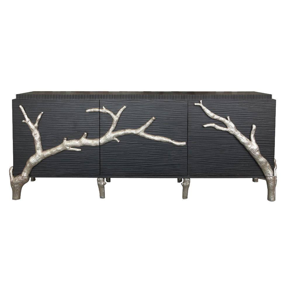 Hollywood Regency Black with Silver Branch Media Cabinet Credenza For Sale