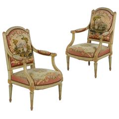 Pair of French Louis XVI Green Painted Antique Fauteuils Armchairs, 19th Century