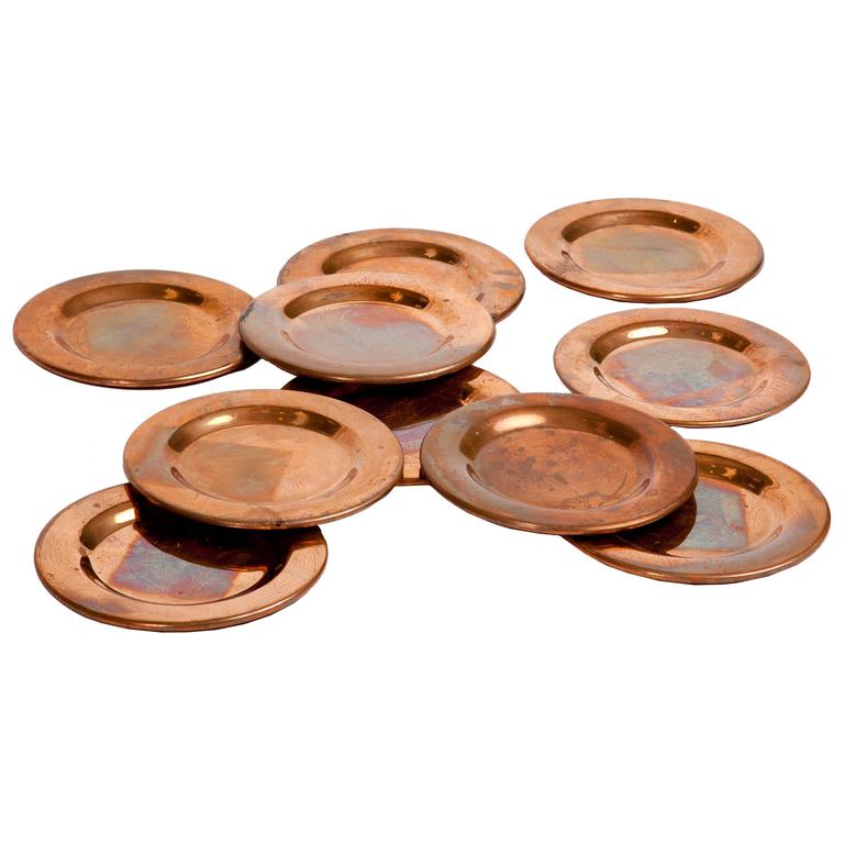 Collection of Ten Solid Copper Dessert Plates For Sale