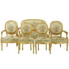 19th Century French Gilt Five-Piece Salon Suite Sofa Armchairs