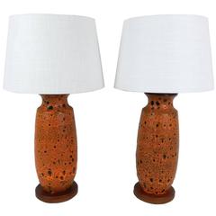 Pair of Mid-Century Burt Orange Lava Galzed Lamps