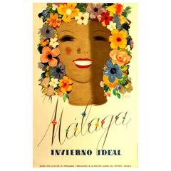 Original Vintage 1950s Travel Advertising Poster for Malaga Spain, Ideal Winter