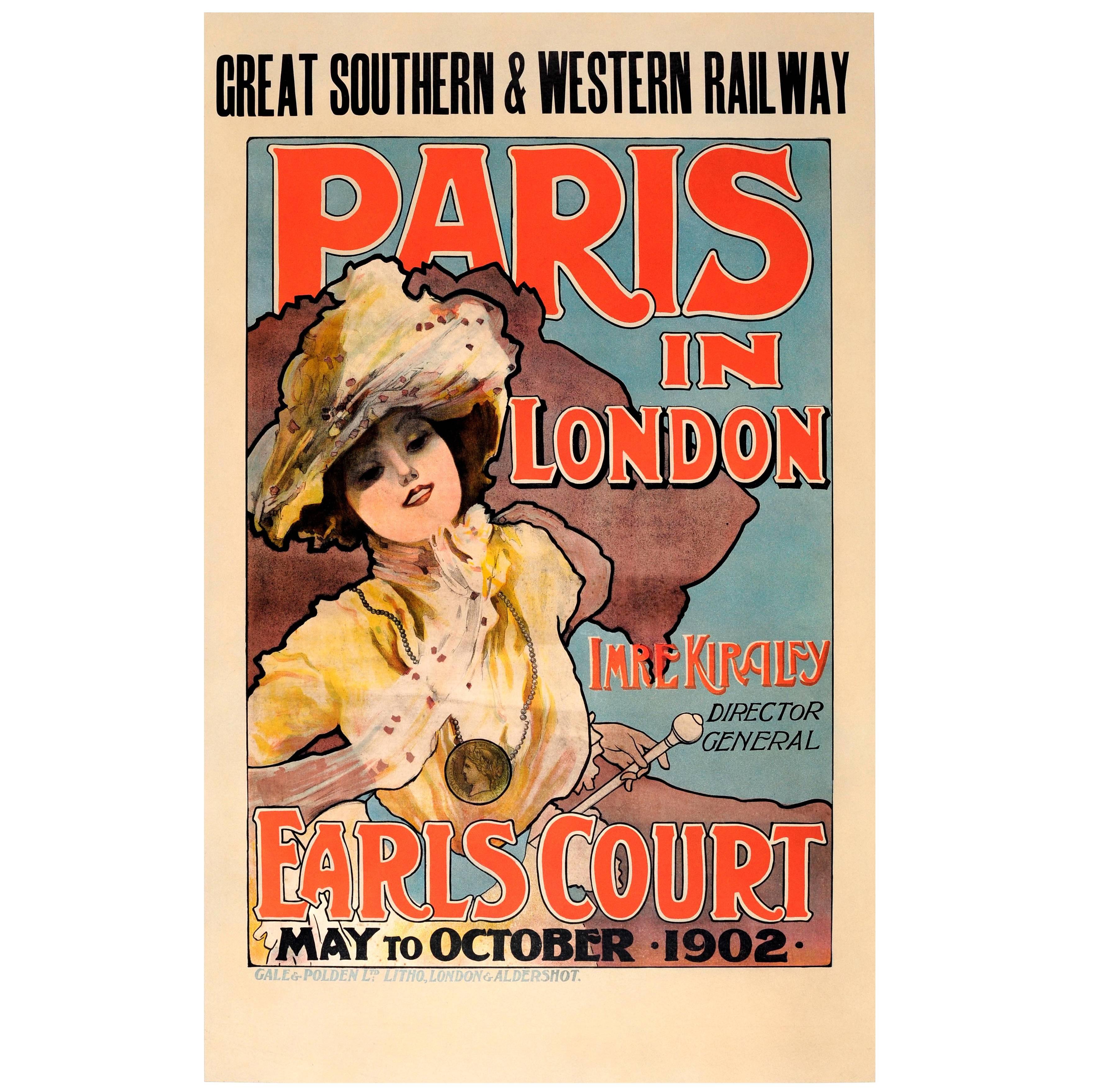 Original Antique Art Nouveau Poster GSWRailway Paris In London 1902 Imre Kiralfy For Sale