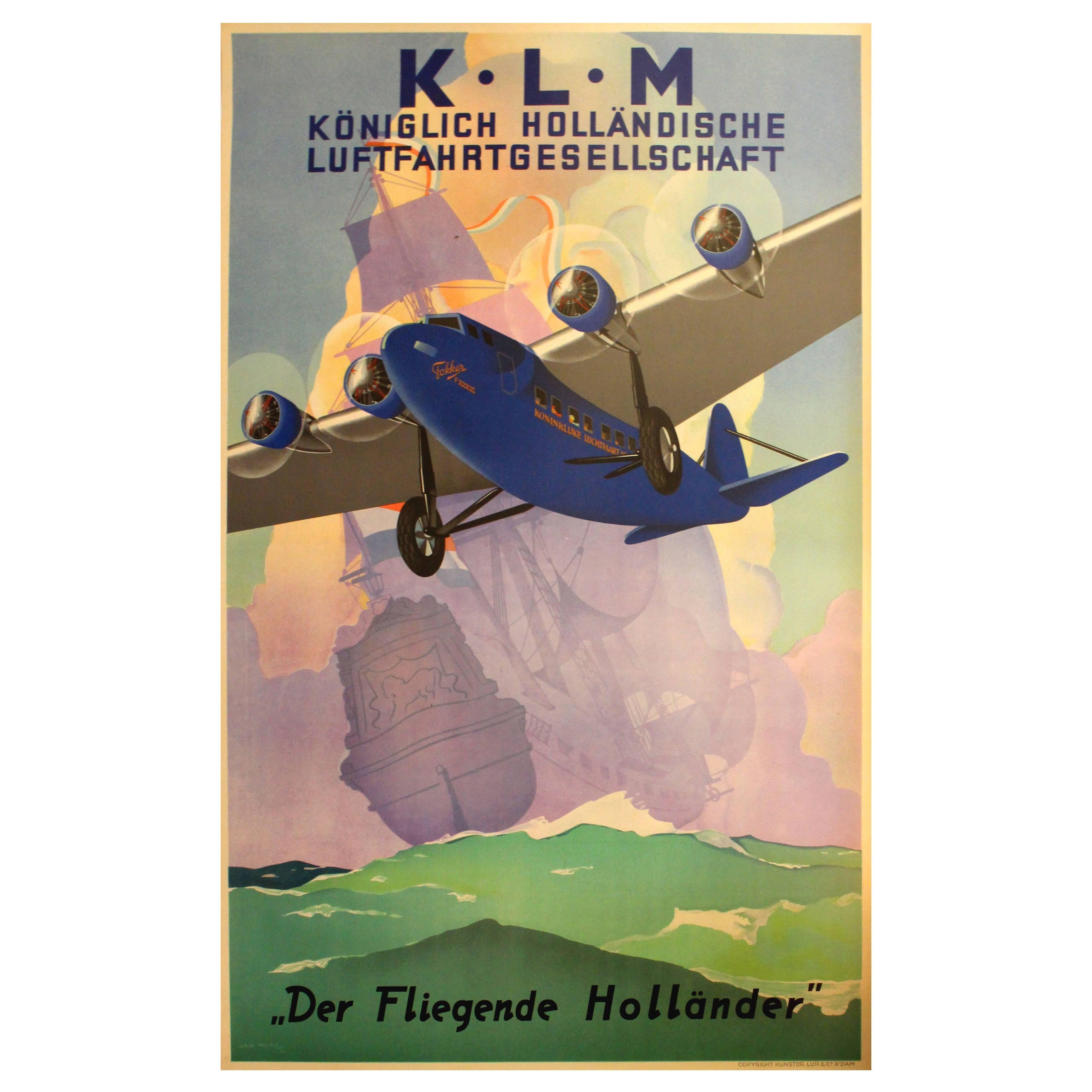 Original Vintage 1933 KLM Travel Advertising Poster, The Flying Dutchman, Wijga