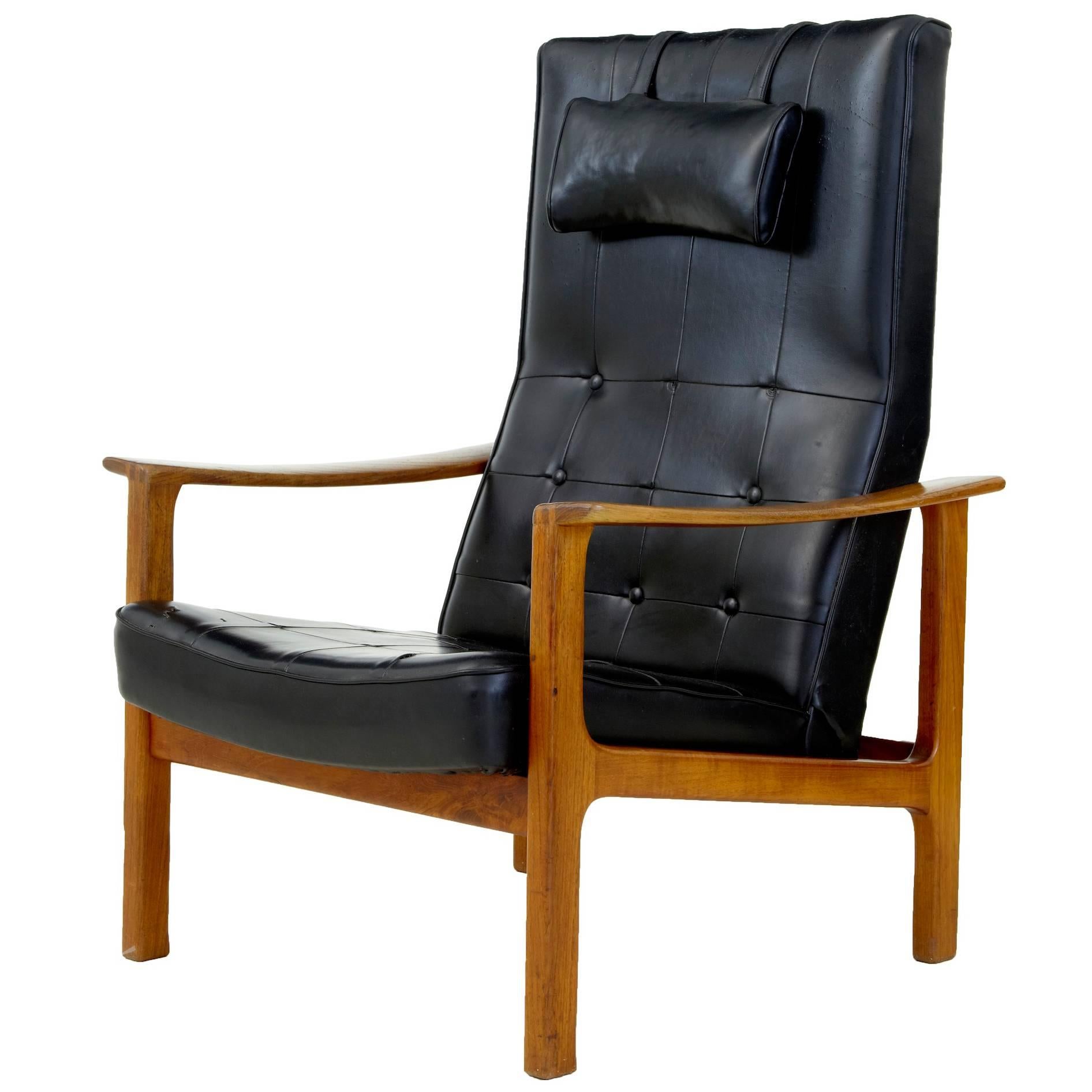 1960s Scandinavian Modern Teak Reclining Leather Armchair