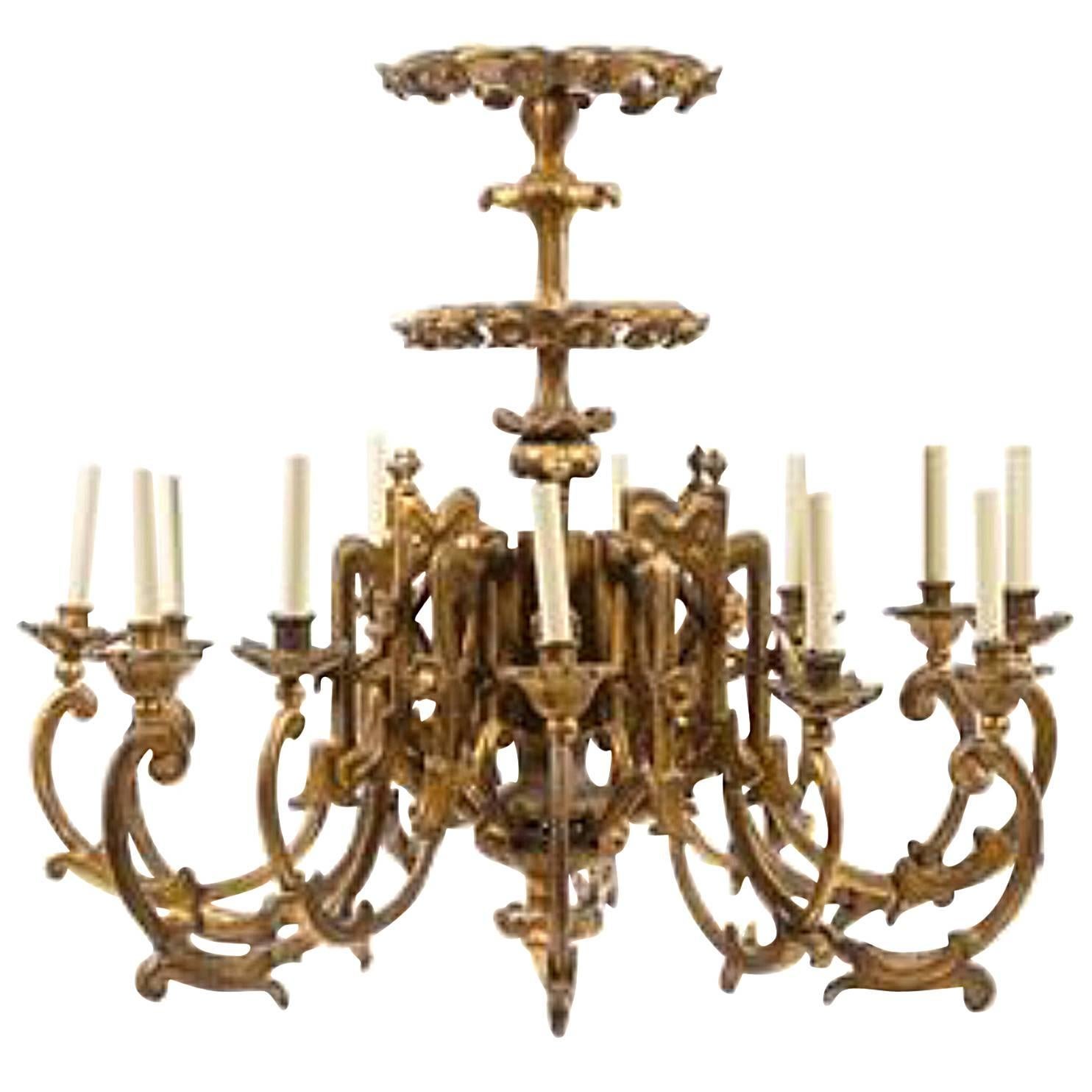 Exceptional Pair of 19th Century English Giltwood Twelve-Light Chandeliers