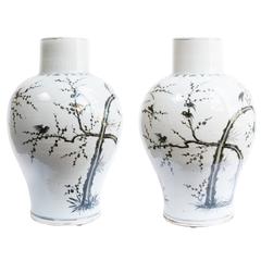 Pair of Black and White Cherry Blossom Vases