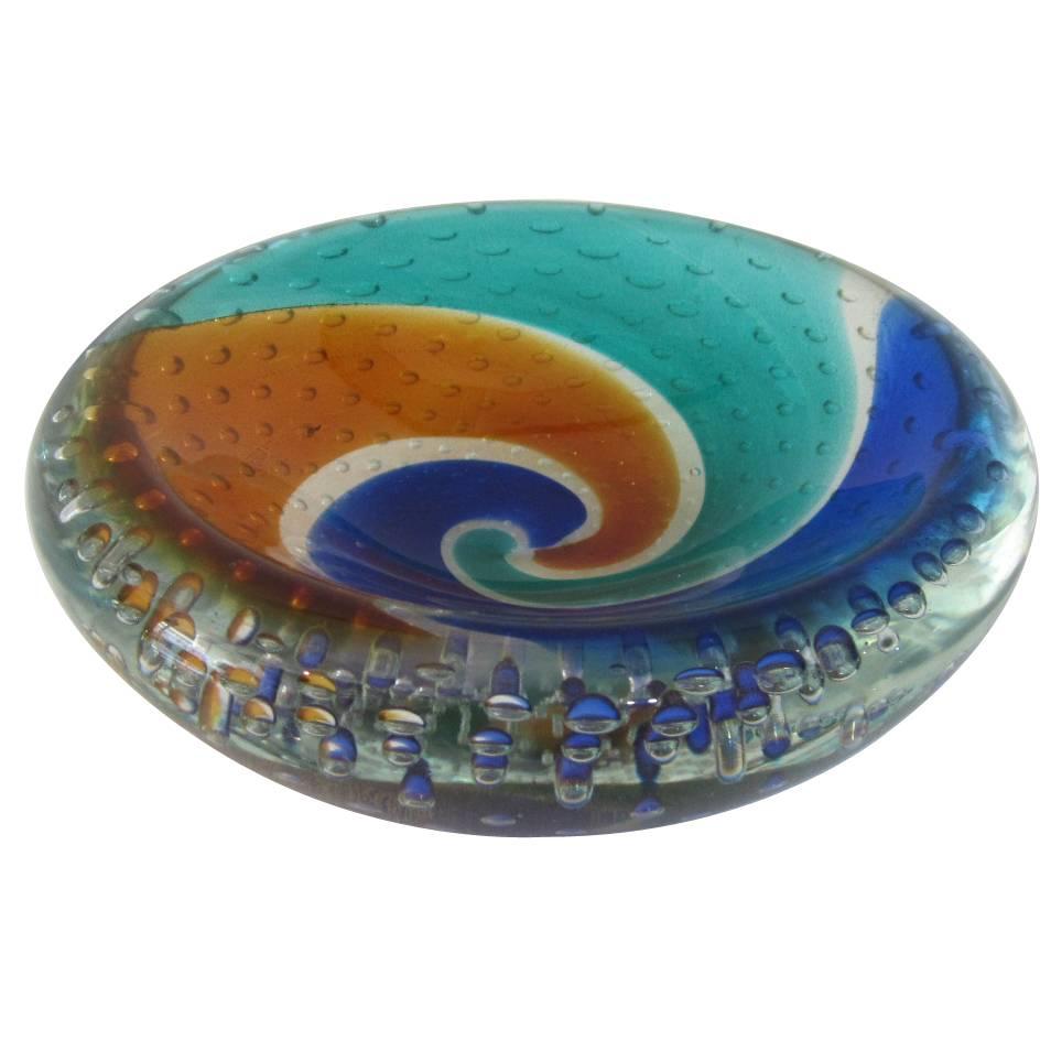 Handblown Murano Glass Bowl with Color Swirl and Bubble Inclusions For Sale
