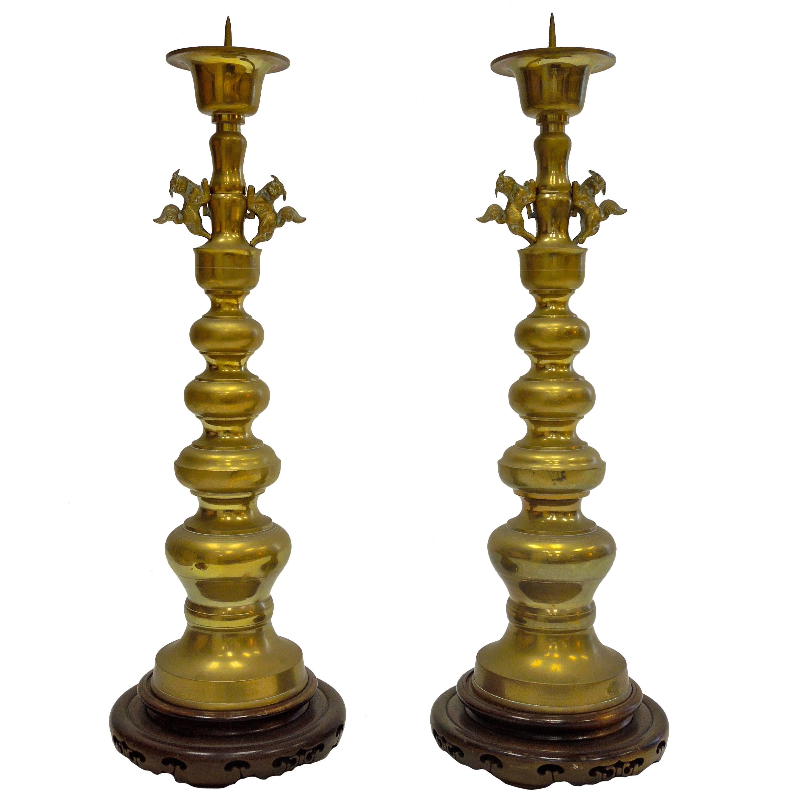Pair of Large Vintage Hollywood Regency Chinoiserie Candlesticks