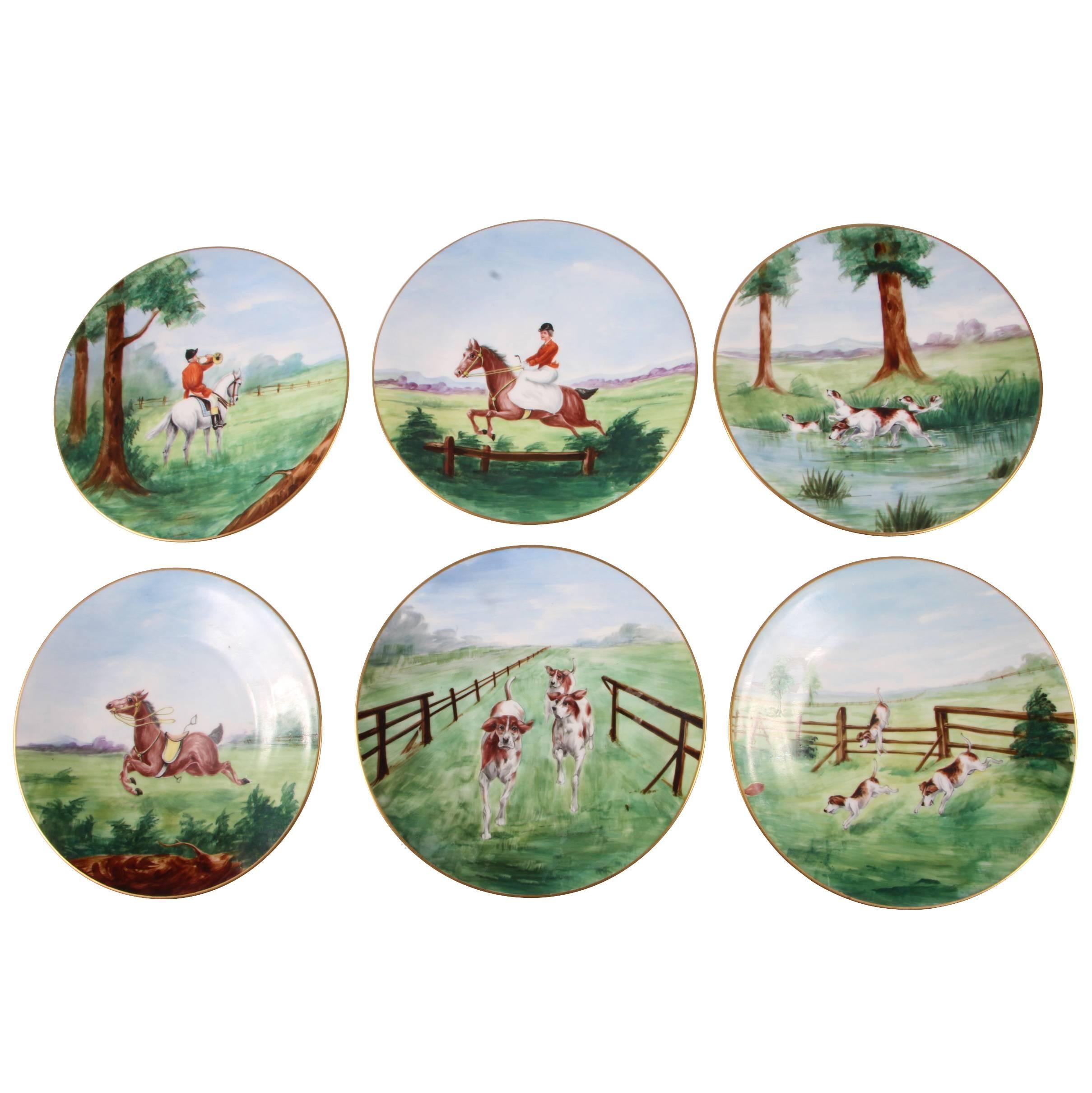 Set of Six Hand-Painted Fox Hunt Plates