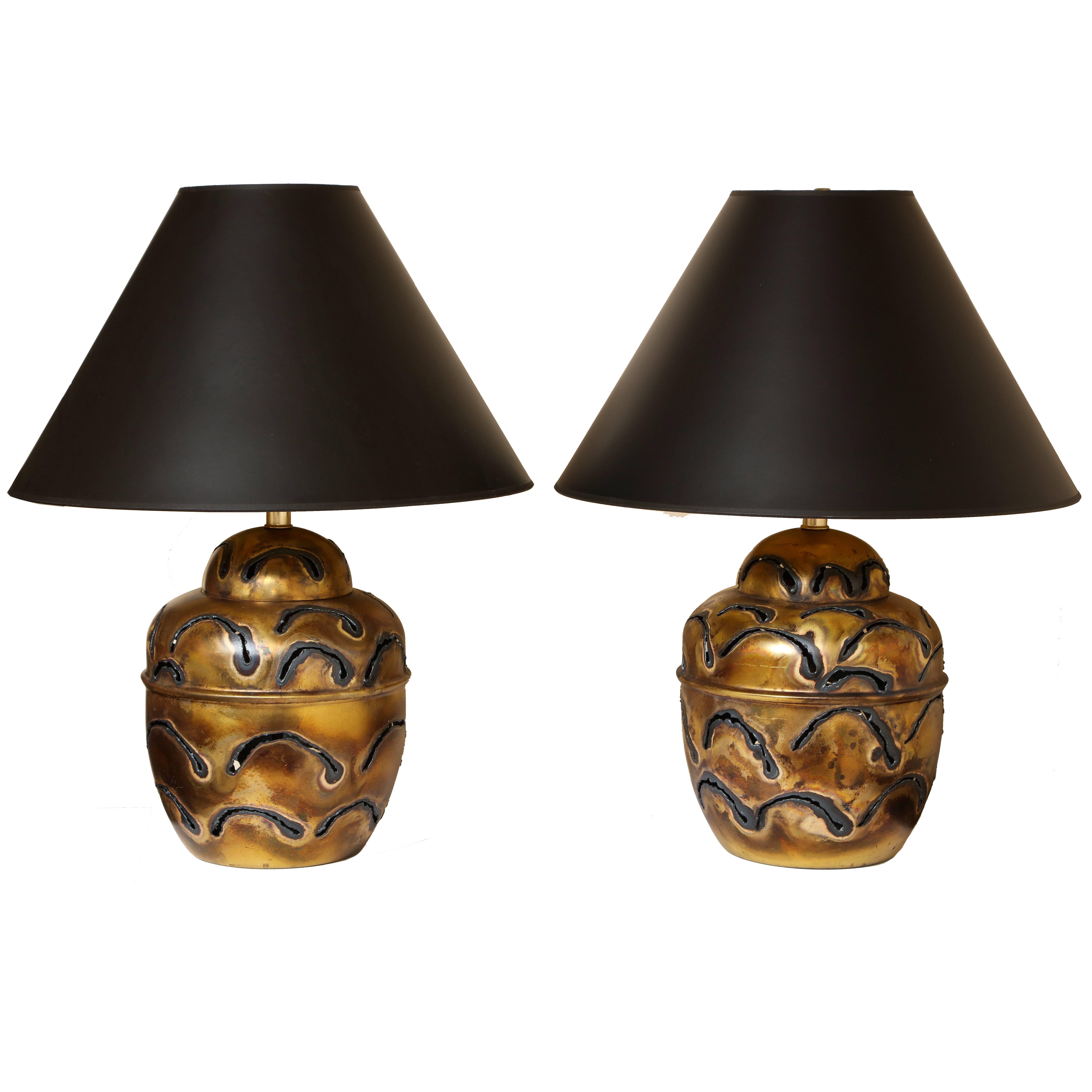 Pair of Ginger Jar Form Brutalist Welded Metal Table Lamps with Pierced Design
