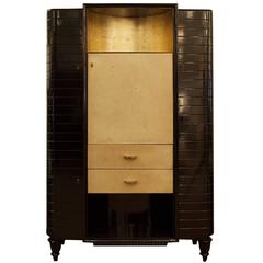 Art Deco Black Lacquer and Parchment Dry Bar with Gilt Accent