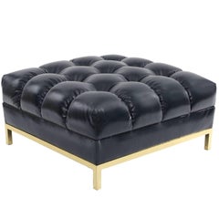 Deep Tuft Navy Leather and Brass Ottoman