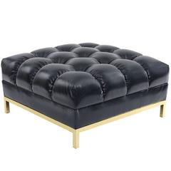 Deep Tuft Navy Leather and Brass Ottoman 6