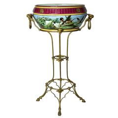 Vintage Oval Porcelain Planter on Bronze Stand with Painted Hunting Scene Decorations