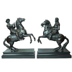 Large Pair of Patinated Bronze Figures of Warriors on Horse