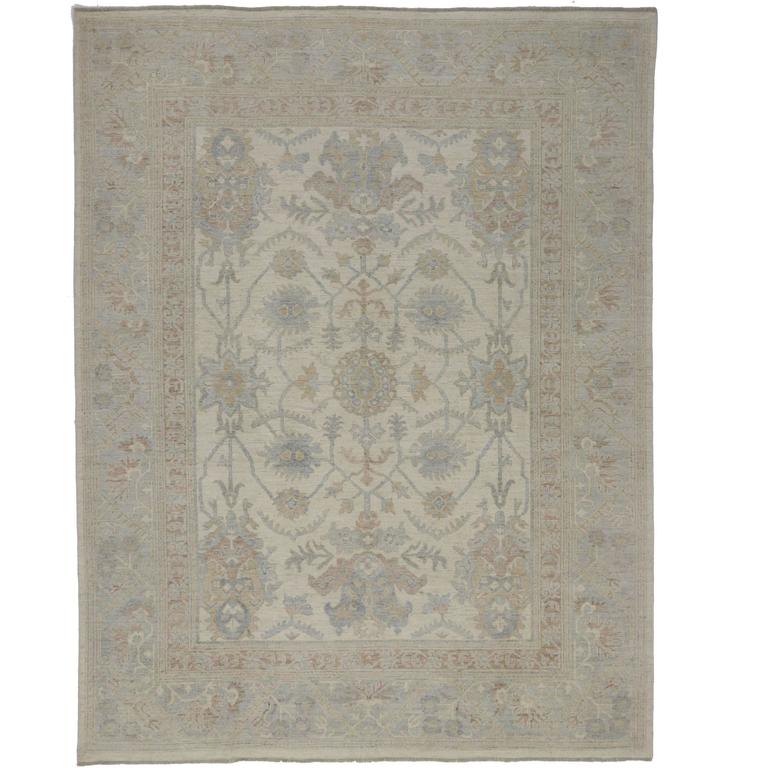 Transitional Oushak Style Area Rug in Muted Coastal Colors and Modern