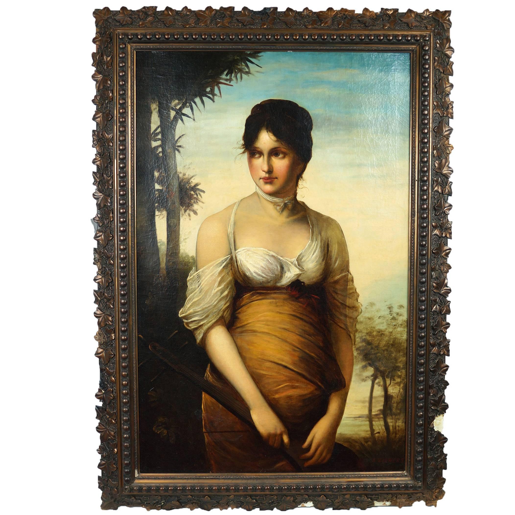 Neoclassical Oil on Canvas Painting of Standing Lady Holding Mandolin Signed