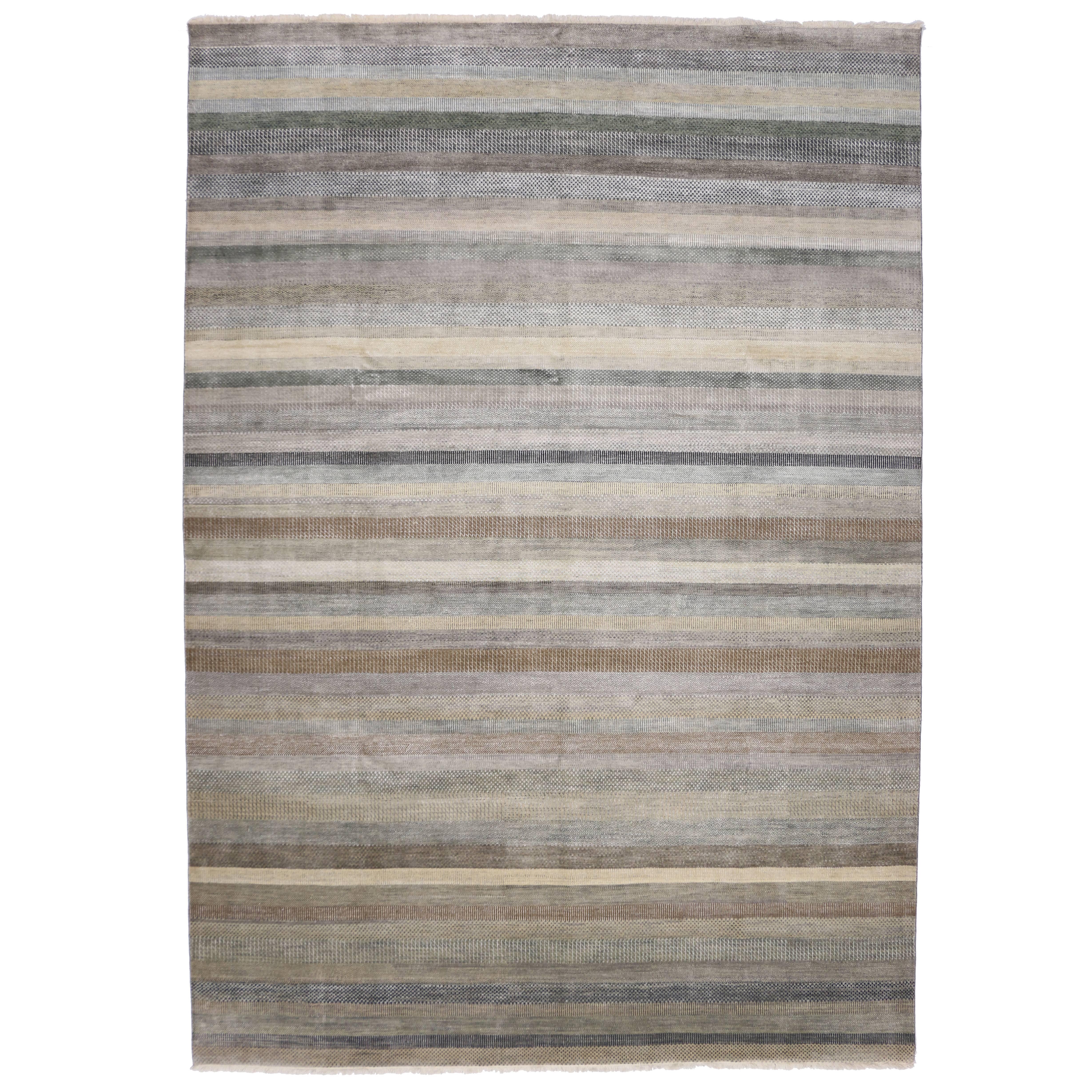 Transitional Indian Striped Area Rug with Modern Cottage Style and Bucolic Charm