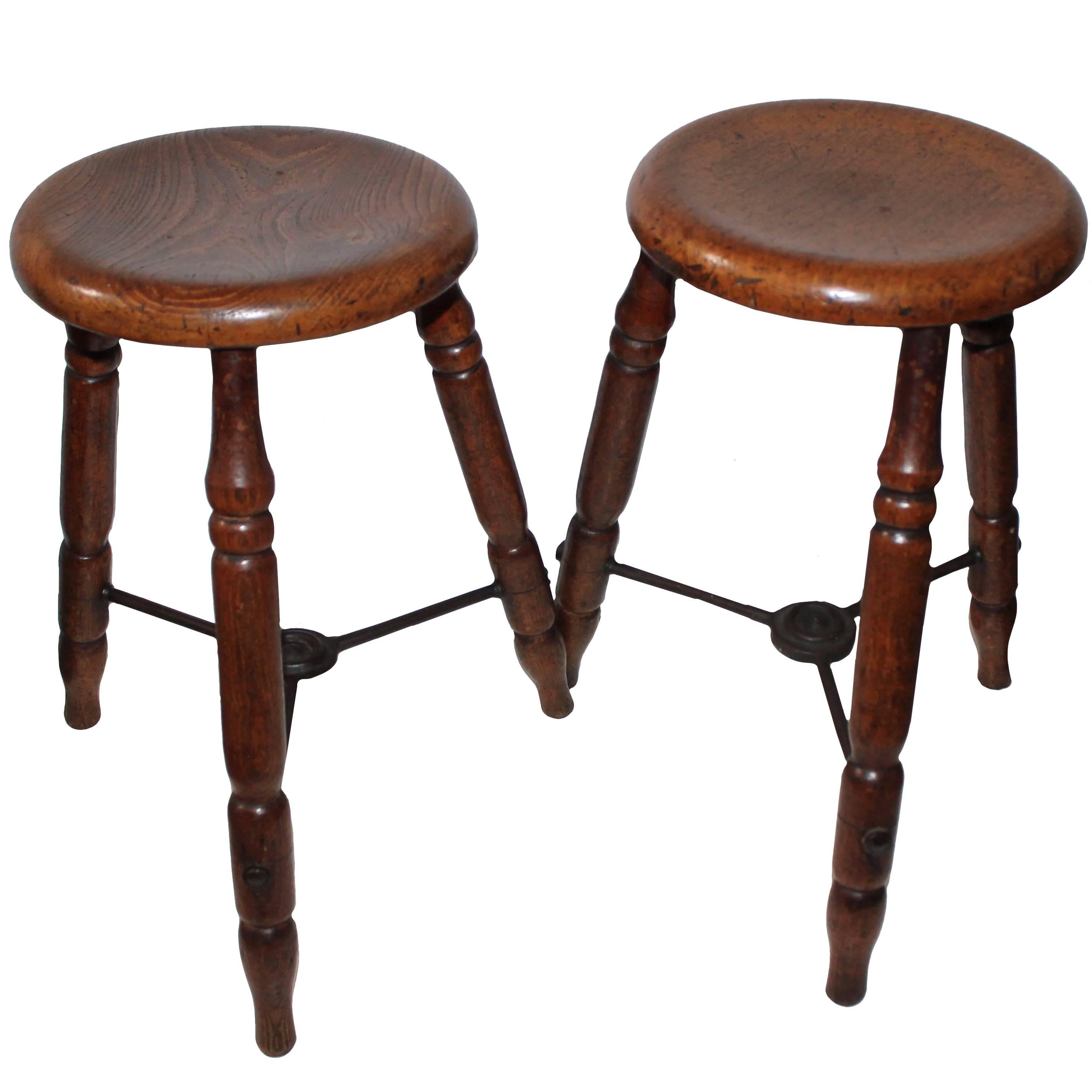 Pair of 19th Century Industrial Pine and Iron Stools