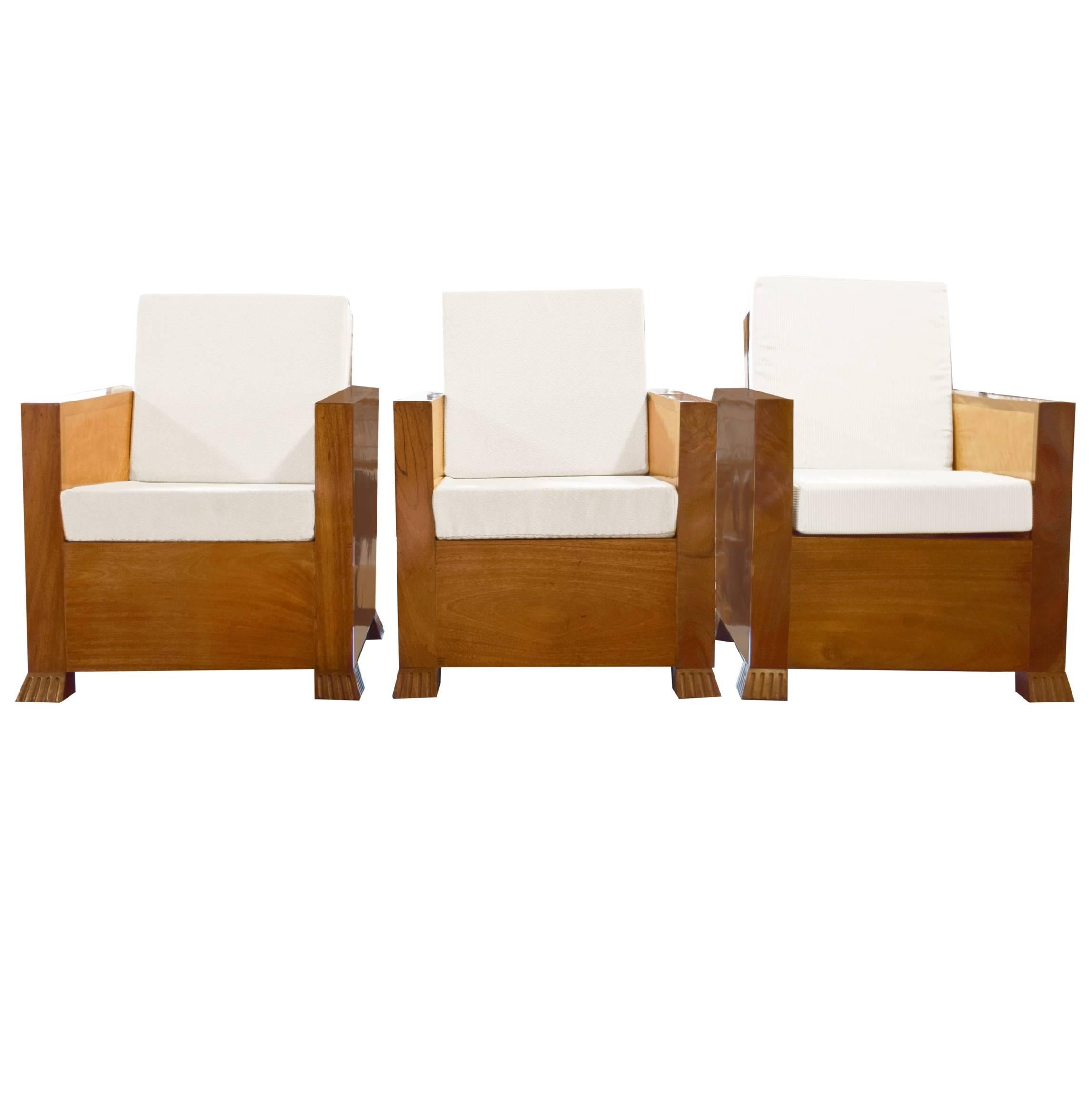 Set of Three Burl Wood Club Chairs