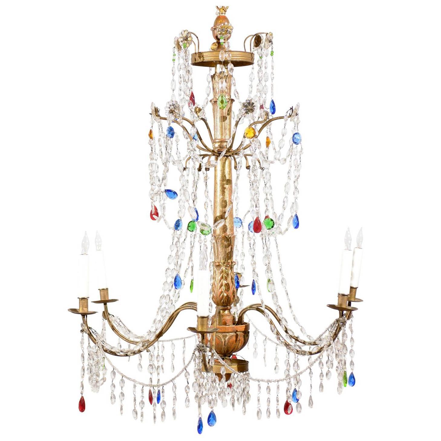Italian Neoclassical Style Giltwood & Multicolored Crystal Six-Light Chandelier