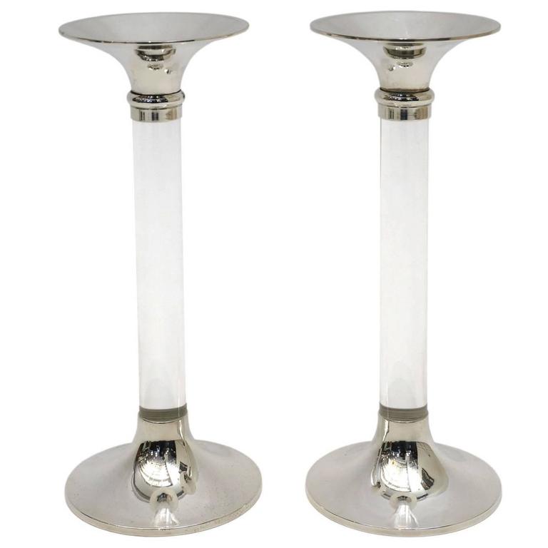 MidCentury Modern Pair of Lucite and Silver Plated Brass Candlesticks