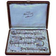Rare French All Sterling Silver Hors d'Oeuvre Set 4 pc box Pistol-shaped handles