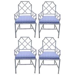 SALE Chinese Chippendale Style Gray Metal Bamboo Dining Chairs, Set of Four