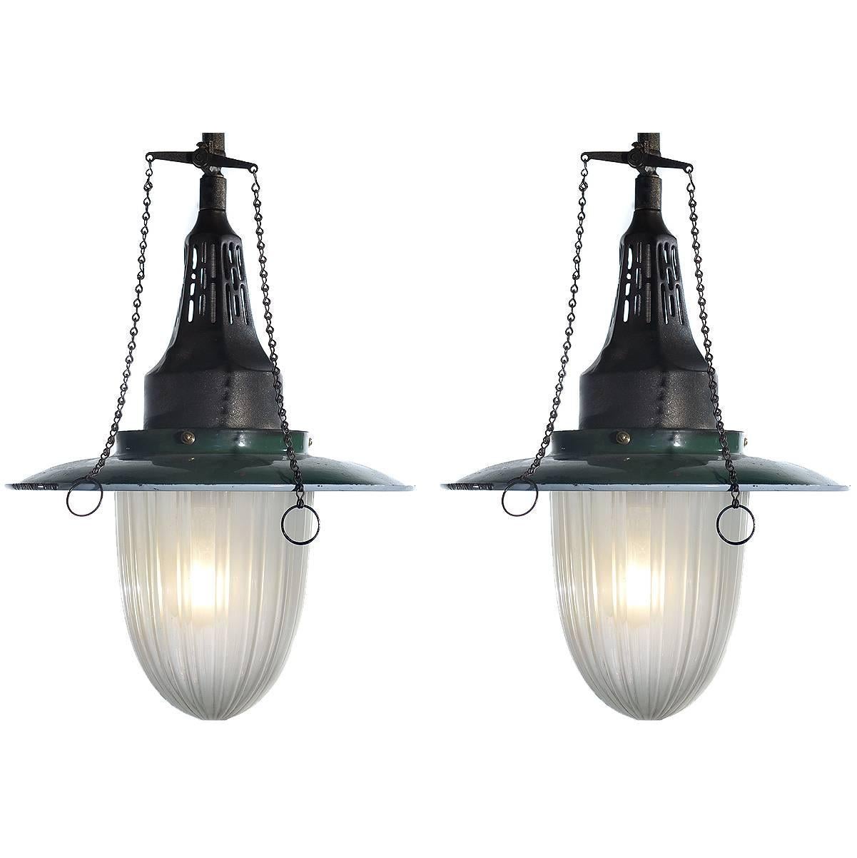 Pair of Fluted Glass Gas Lamps