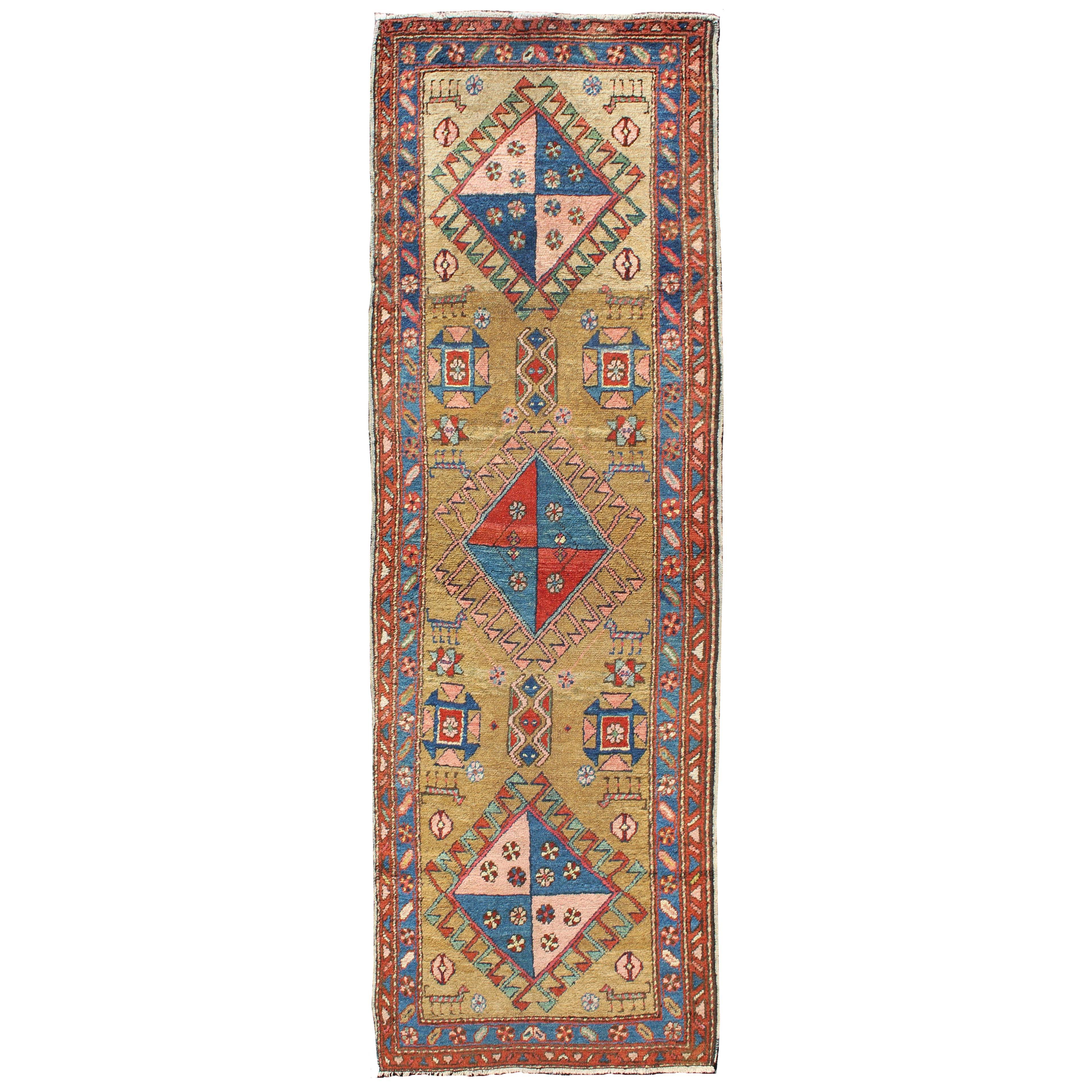 Antique Persian Serapi Runner in Gold & Yellow Background For Sale