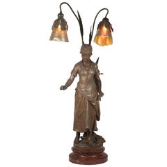Antique 19th Century Figural Table Lamp with Steuben Shades