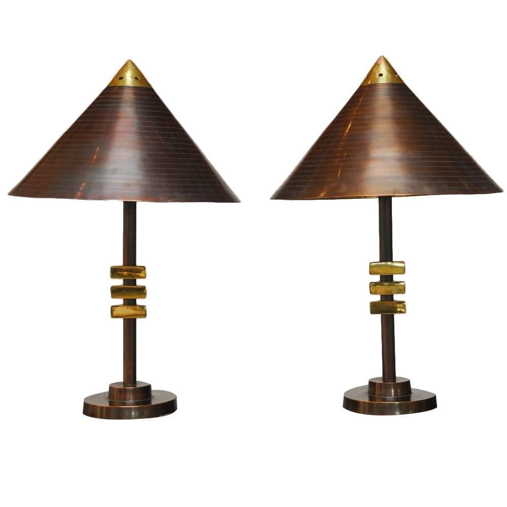 Pair of Mid-Century Modern Brass Chinese Hat Table Lamps
