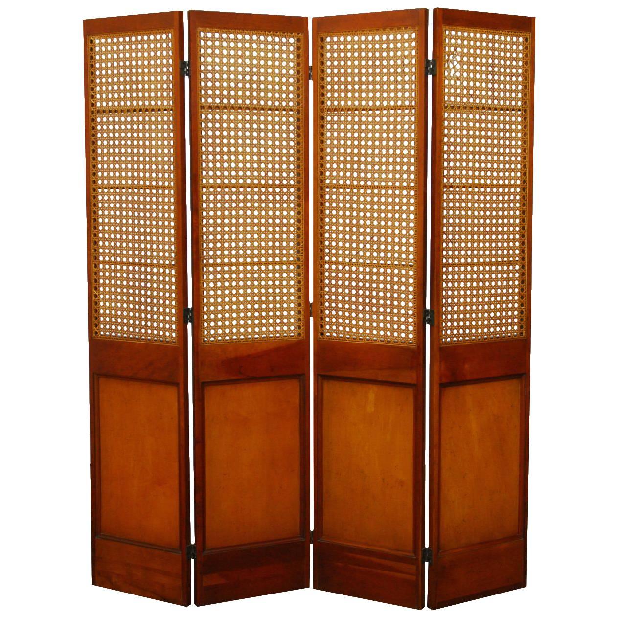 Four Panel Mahogany Screen with Cane Windows