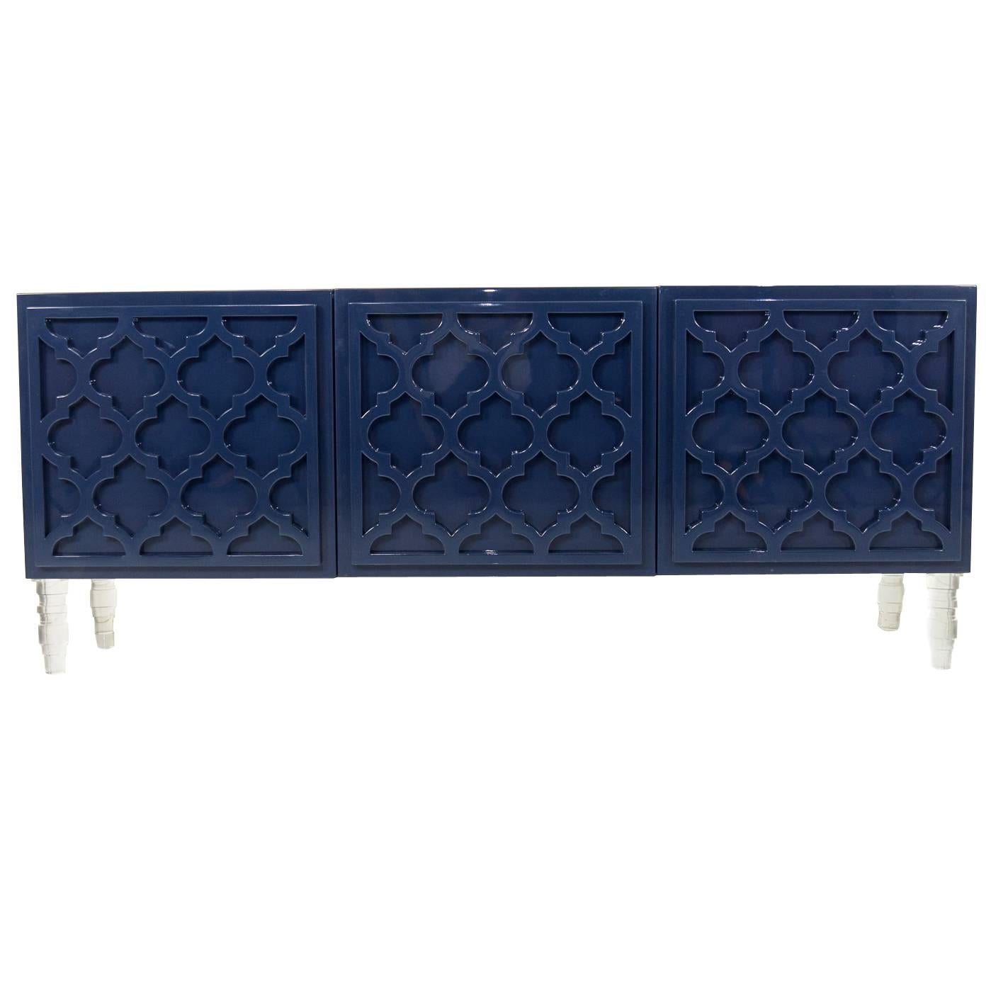 Mid-Century Style 3-Door Tangier Credenza in Glossy Navy Lacquer w/ Lucite Legs For Sale