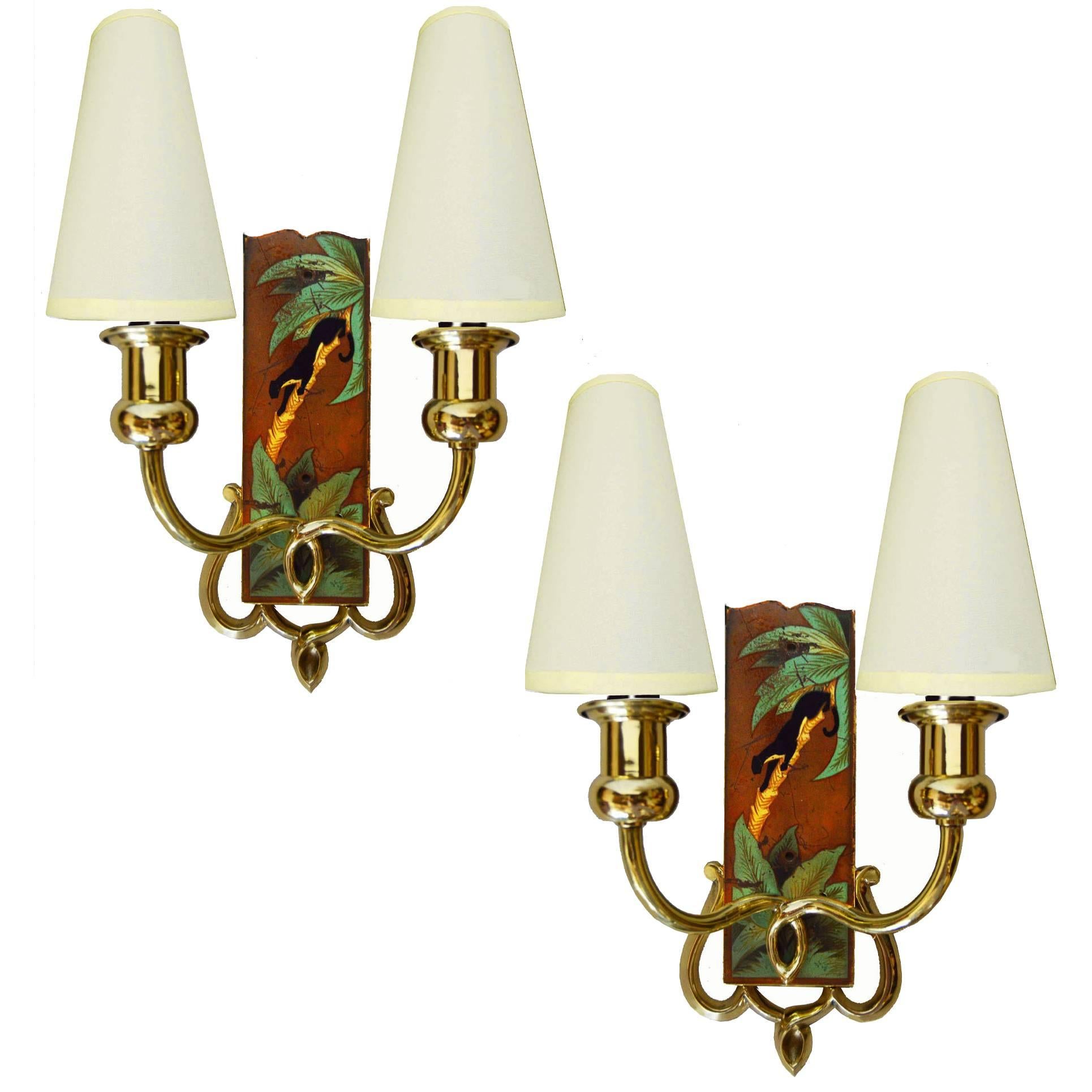 Art Nouveau  Pair of Painted Sconces in the Style of Paul Jouve For Sale