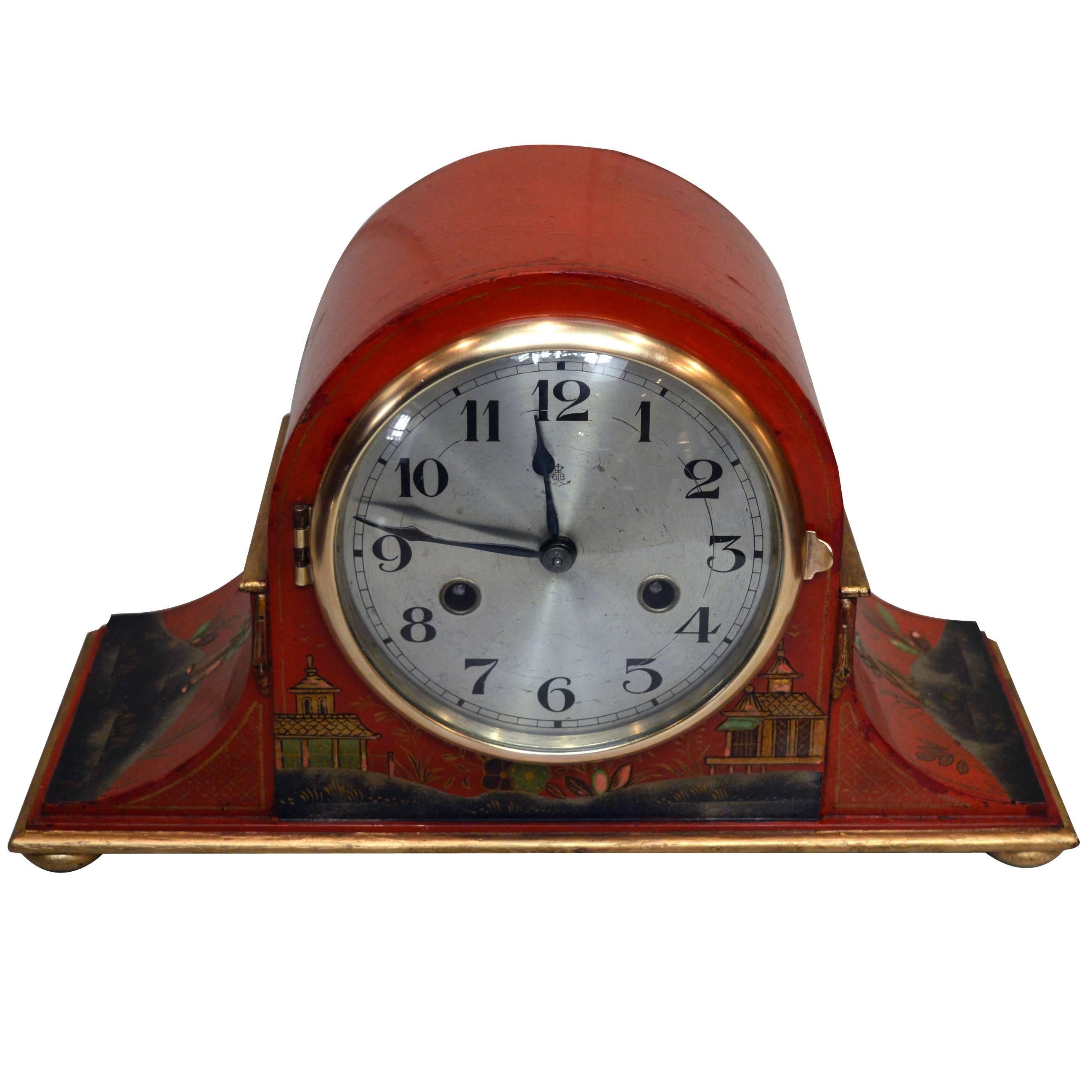 Red Chinoiserie Napoleon Hat Mantel Clock For Sale