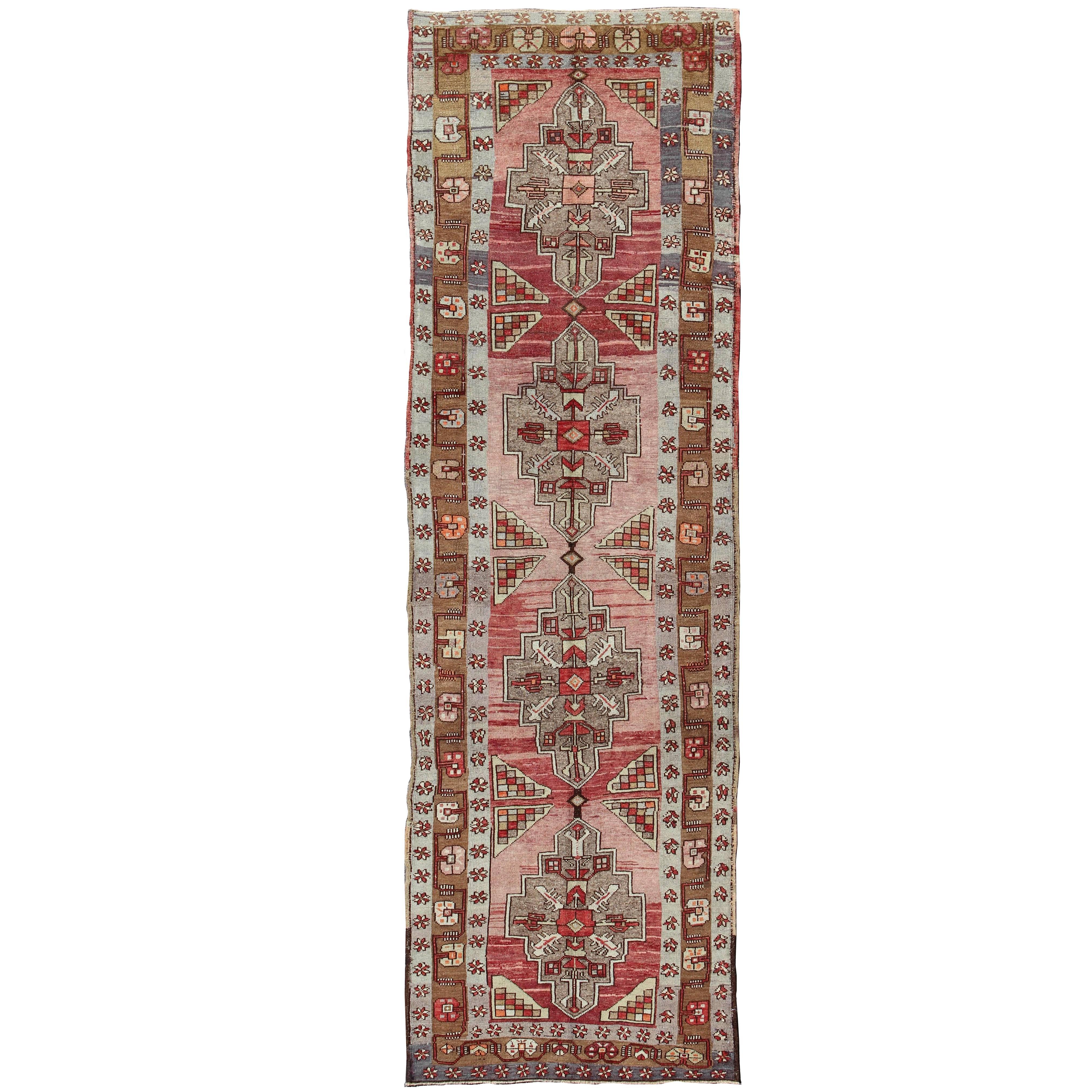Vintage Turkish Oushak Long Runner with Rose and Pink For Sale