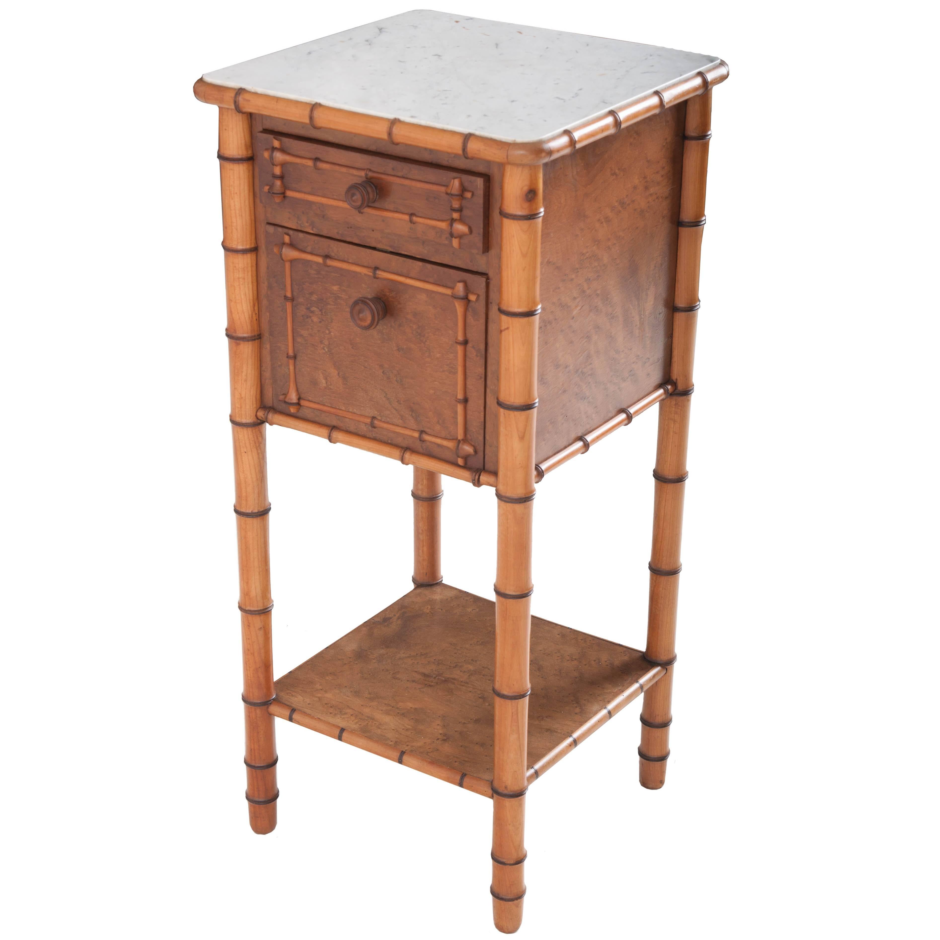 French 19th Century Faux Bamboo Bedside Table with White Marble Top