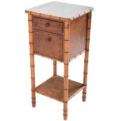 Antique French 19th Century Faux Bamboo Bedside Table with White Marble Top